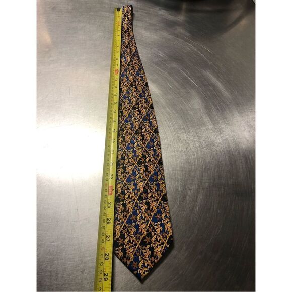 Pierre Balmain Paris Men’s Silk Blue and Gold Floral and Leaf Diamond Designer D - Picture 5 of 9